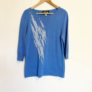 Bob Mackie Wearable Art Blue 3/4 Length Sleeves White Sequins size small